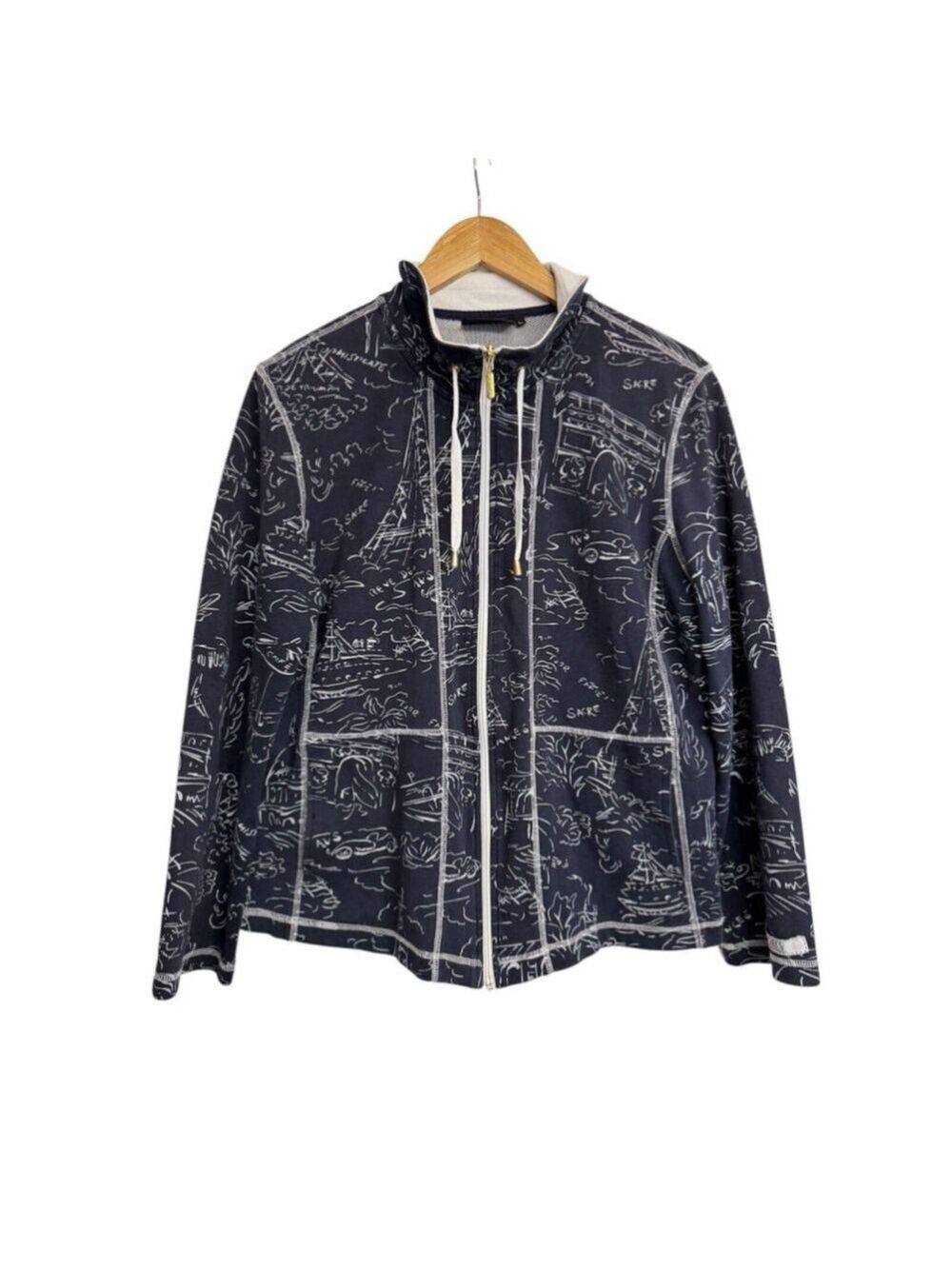 Orly Blue & White Jacket Ladies Parisian Print Women's Size Large Travel